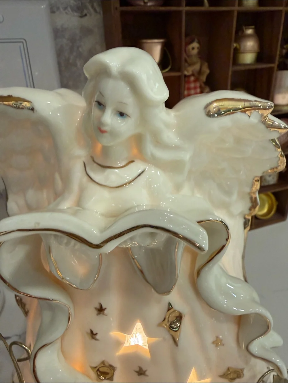 Vintage Porcelain Angel with Gold Star Accents - White and Gold